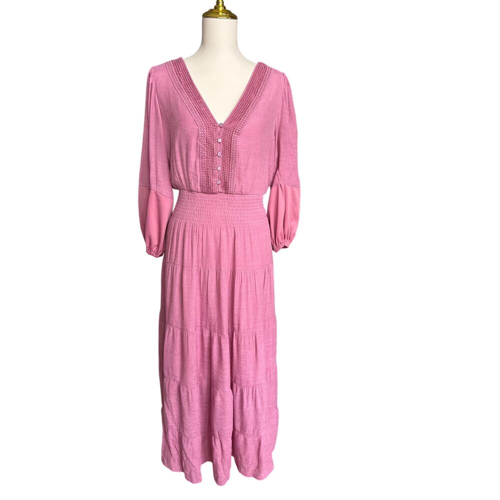 J Gee Pink Cottagecore Dress Size XL Boho V Neck Waist Tiered Flowy Cottagecore